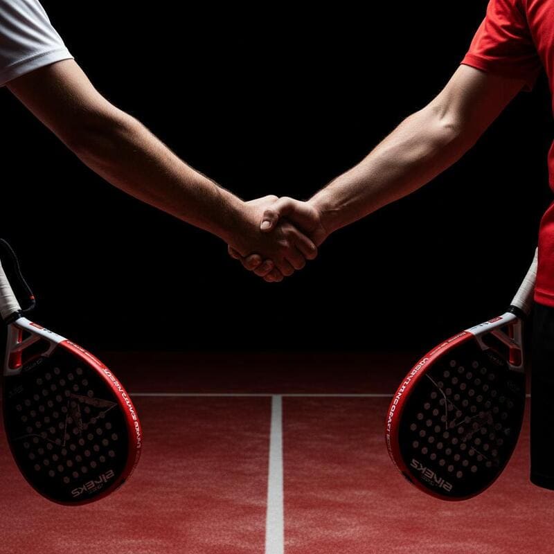 Two padel players shaking hands over the net