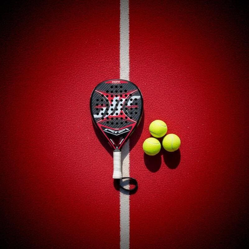 Padel racket and balls on court